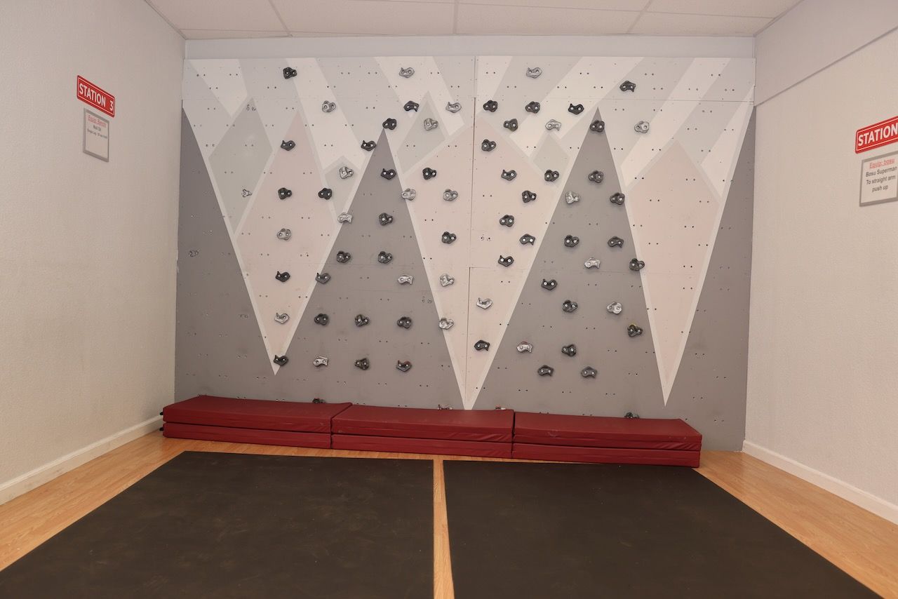 A room with a climbing wall on the wall