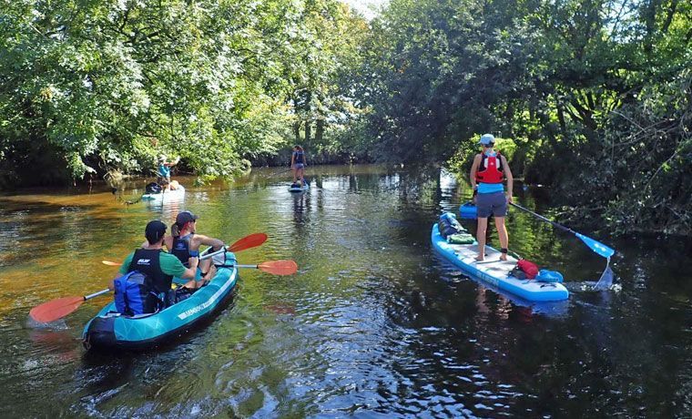 A group of people are rowing kayaks down a river.
