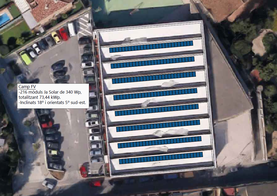 Instalació fotovoltàica amb plaques solars  la teulada del pavelló d'esports de Can Banús de Vilassar de Dalt