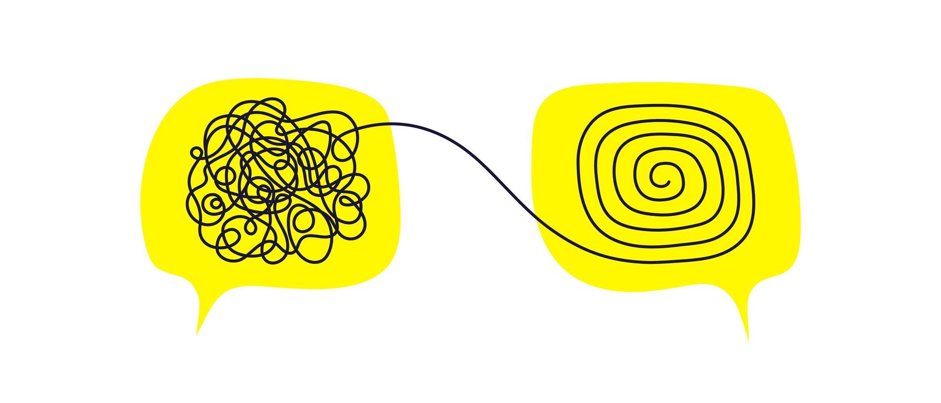 Two yellow speech bubbles: one with tangled lines, the other with a spiral, connected by a line.