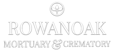 Rowanoak Mortuary & Crematory logo with a black and white stylized leaf design in a pentagon shape.