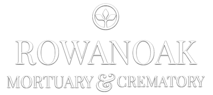 Rowanoak Mortuary & Crematory logo with a black and white stylized leaf design in a pentagon shape.