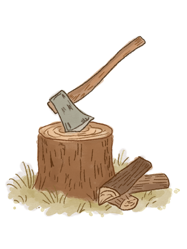 Axe embedded in a tree stump, next to split logs.