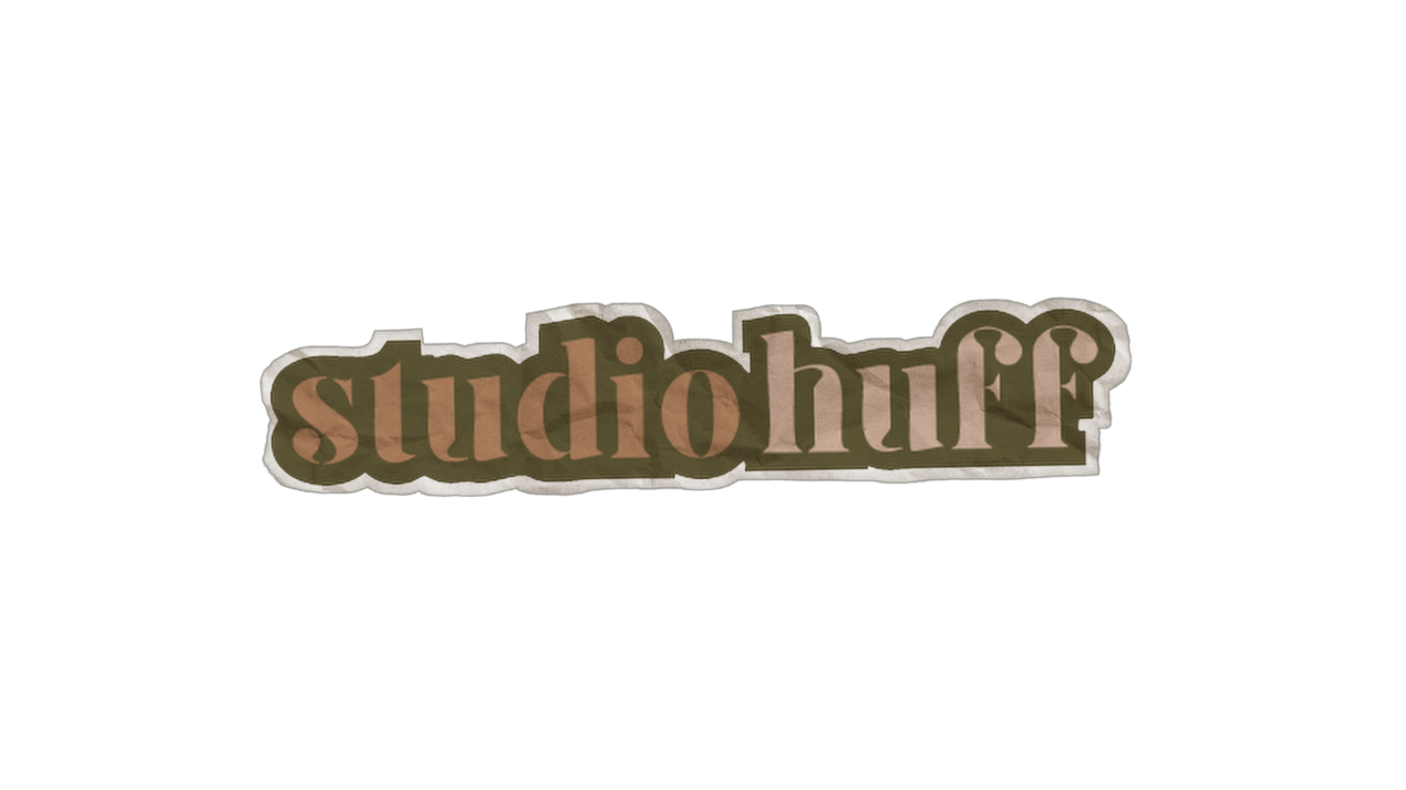 StudioHuff logo, brown text with a light brown outline and dark green shadow, on a white background.