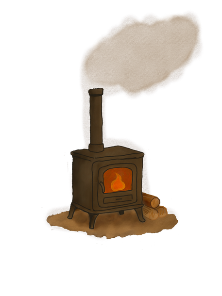 Wood-burning stove with smoke, fire glowing inside, on dirt with logs.