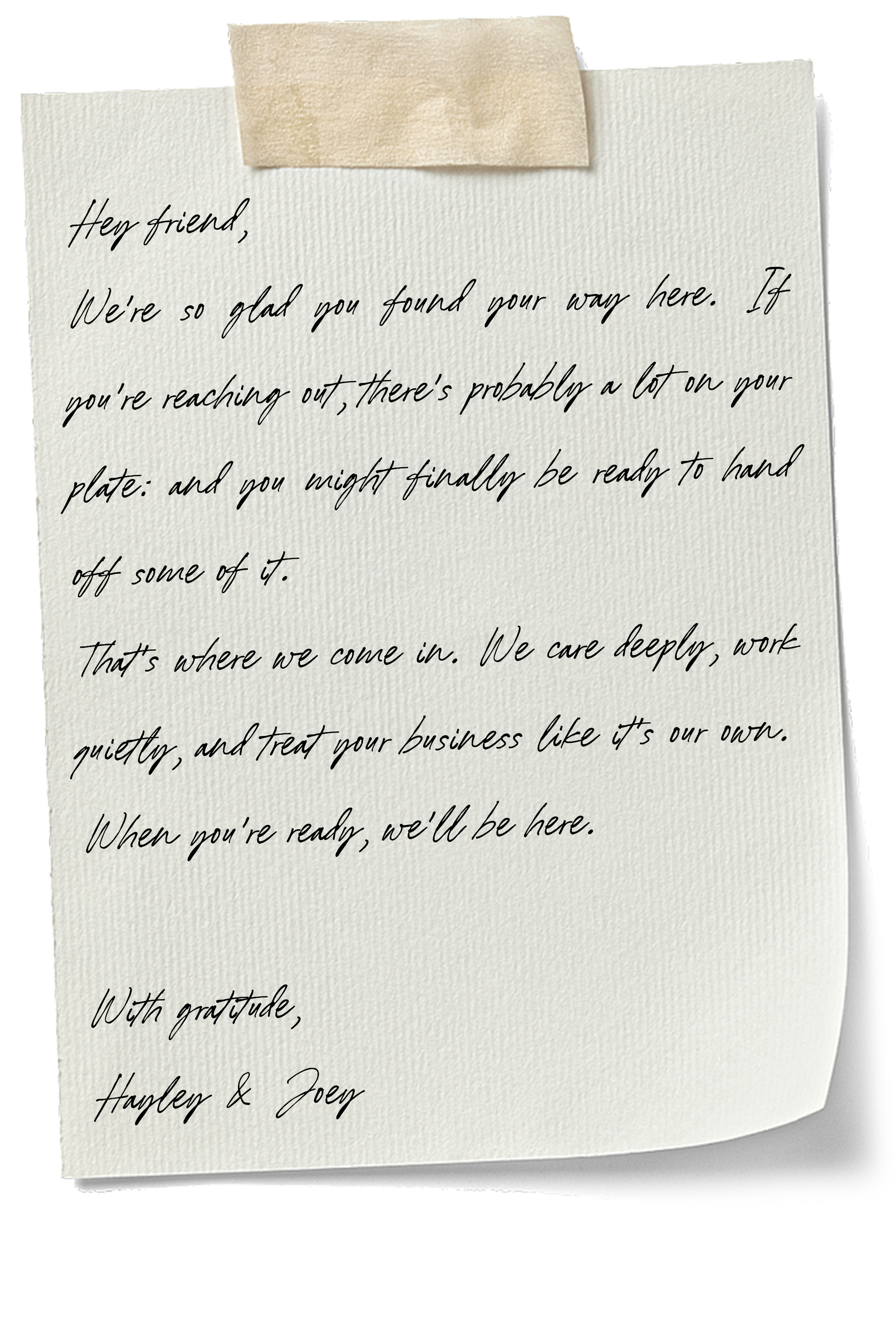 Handwritten note on beige paper, taped with a lighter beige tape. Text is in black ink.
