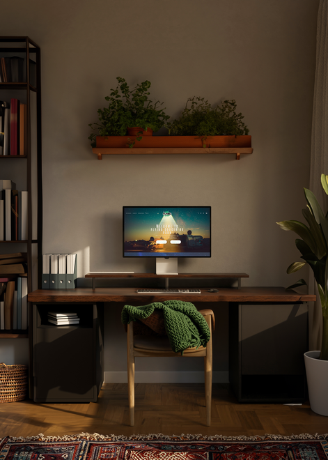 Desk with computer, plants, books, and chair. Sunlight illuminates the workspace.