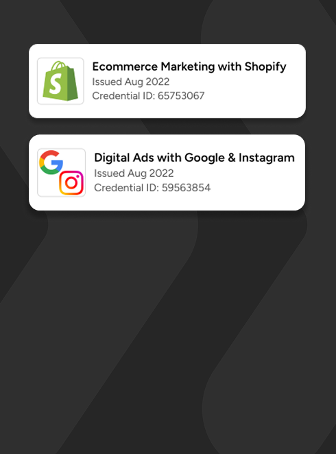 Two cards, "Web Analytics" for Grammy's and "Sustainability" for Intel, on a blurred colorful background.