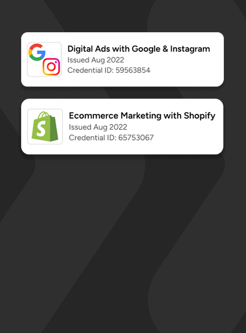 Two cards, "Web Analytics" for Grammy's and "Sustainability" for Intel, on a blurred colorful background.