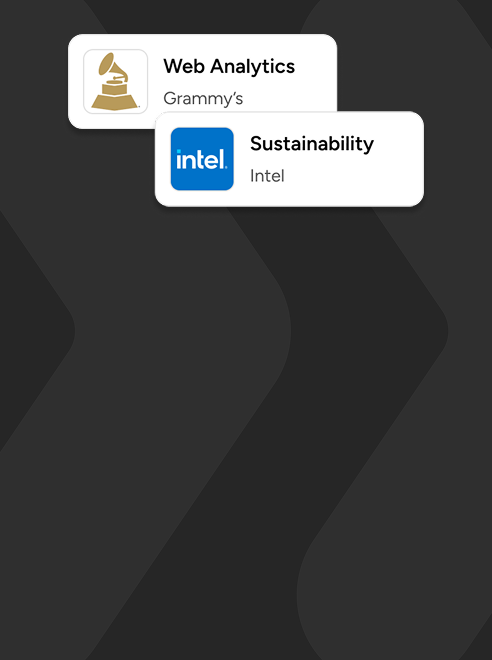 Two buttons: "Web Analytics" for Grammy's, and "Sustainability" for Intel.