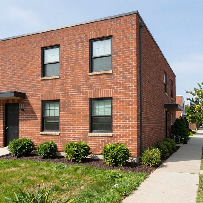 A two-story red brick apartment building with black window frames, a black door, and green shrubs lining the walkway.