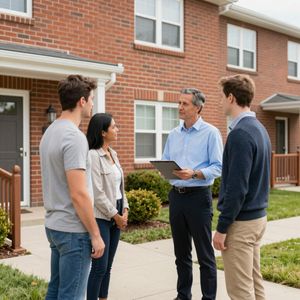 A real estate agent with a clipboard speaks to three people in front of a brick apartment building.