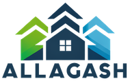Logo for Allagash featuring three stylized house icons in green and blue, with the company name in dark blue text below.