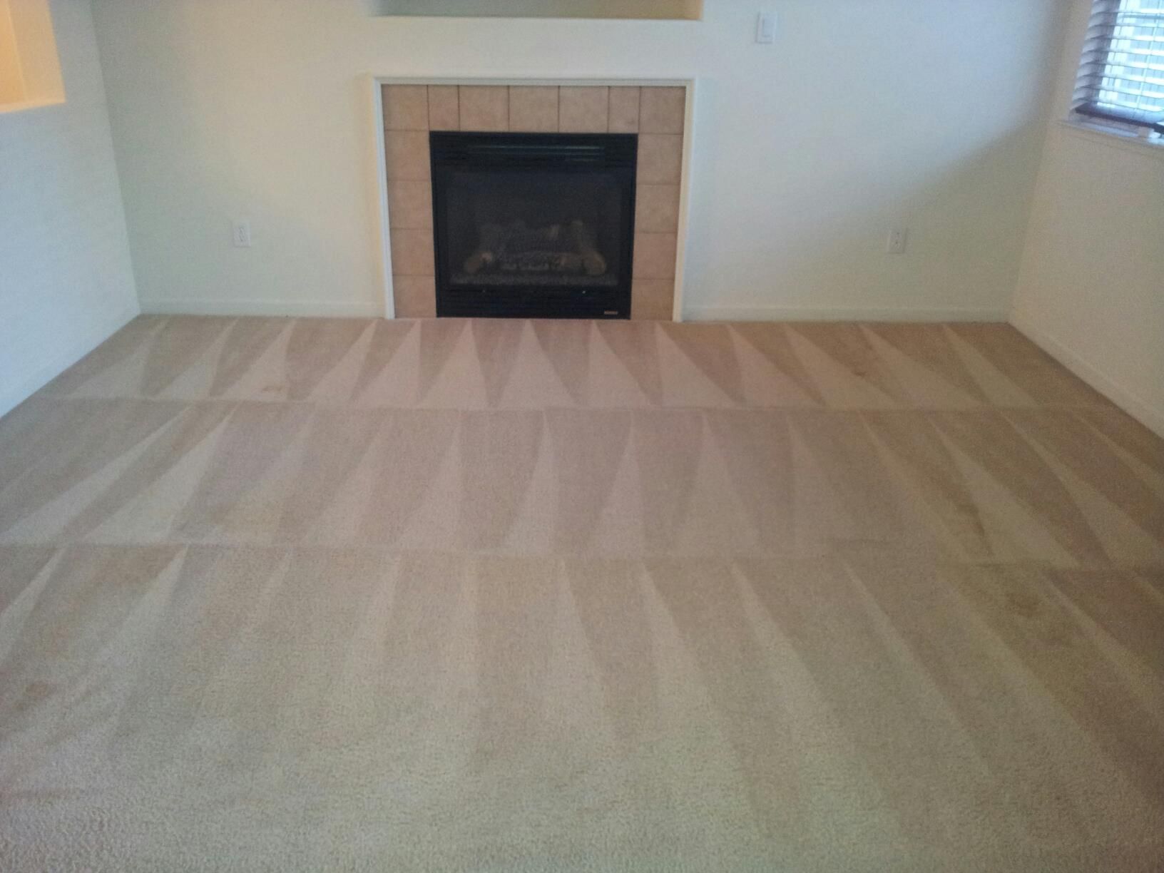 A living room with a fireplace and a carpeted floor.