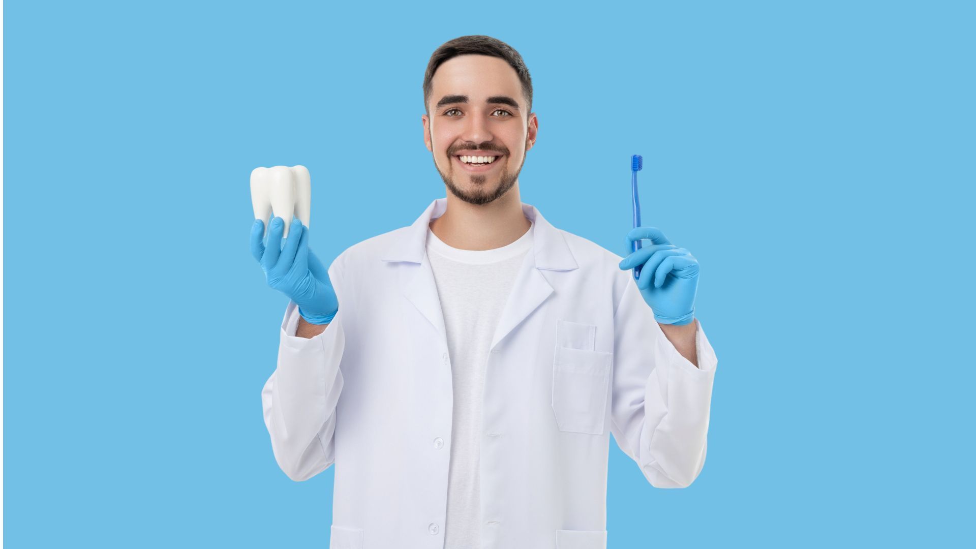 Dentist in white coat and blue gloves holding a tooth model and dental tool on a blue background