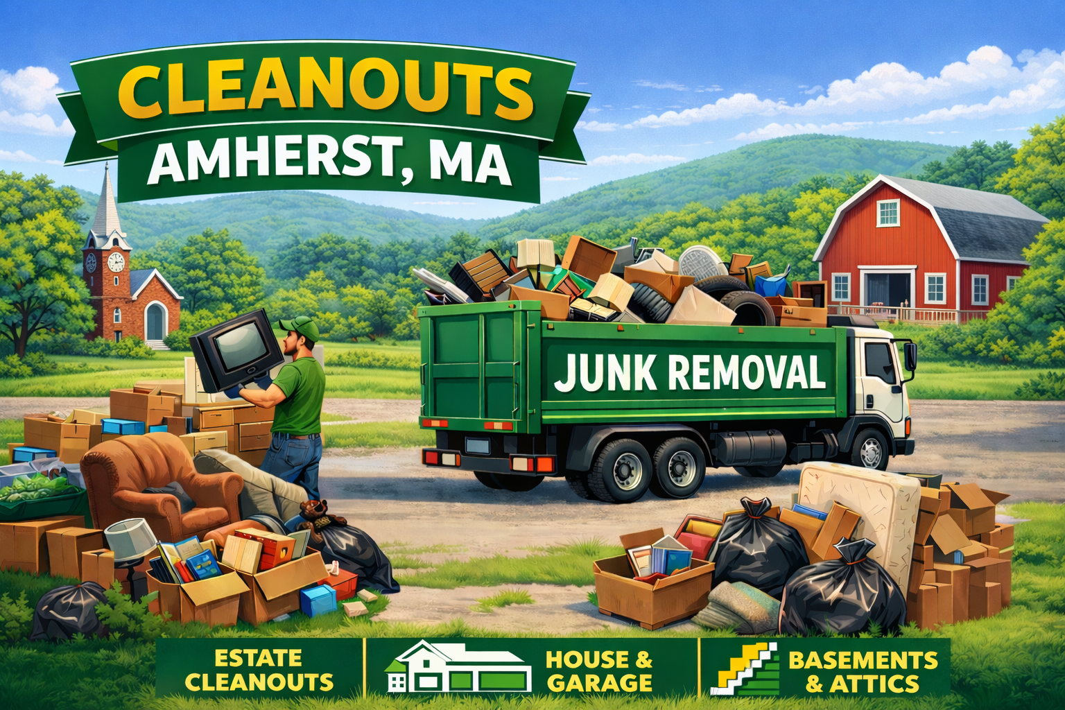 Cleanout services in Amherst, MA including estate, house, garage, basement, and attic cleanouts