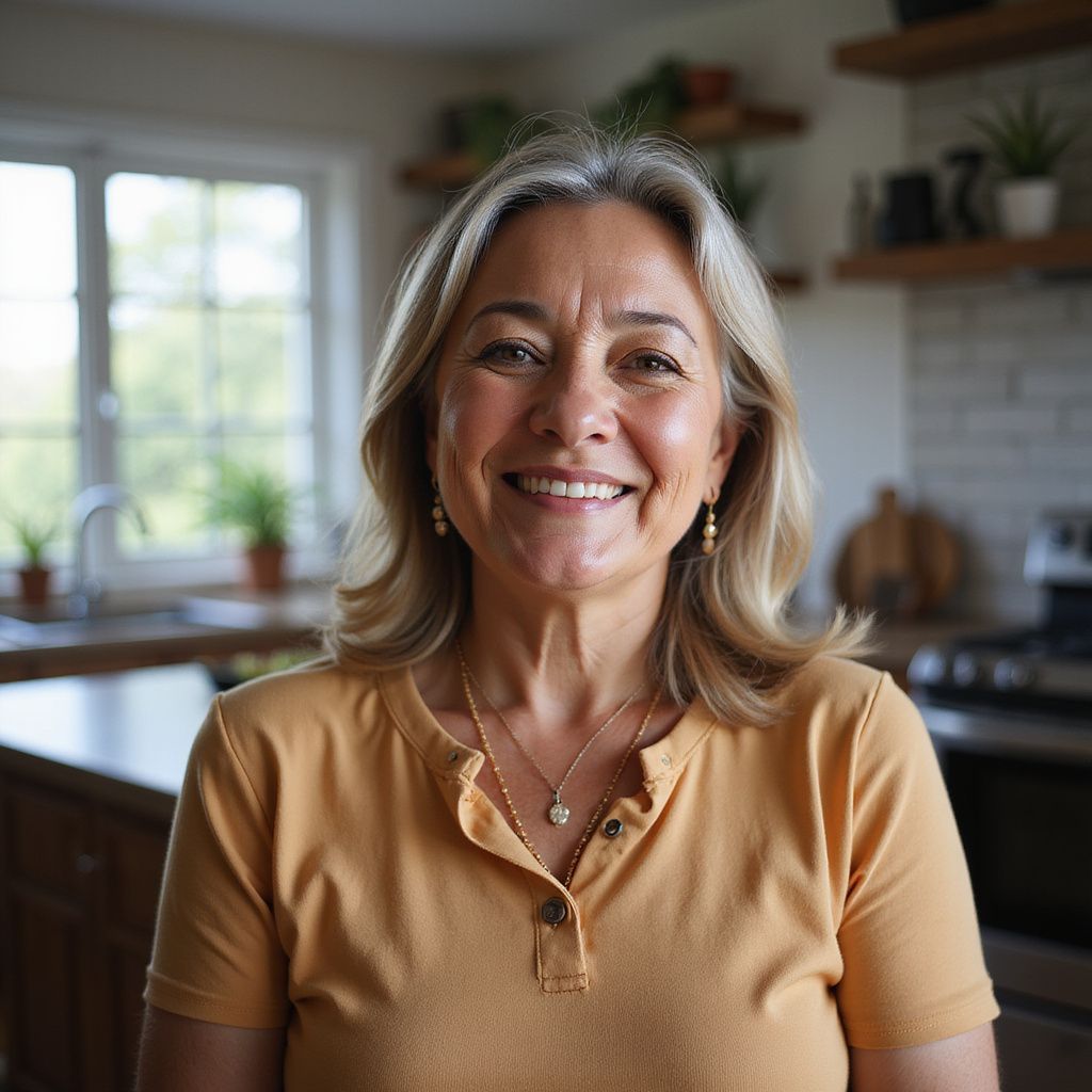 Woman smiling in a kitchen, wearing a yellow shirt.