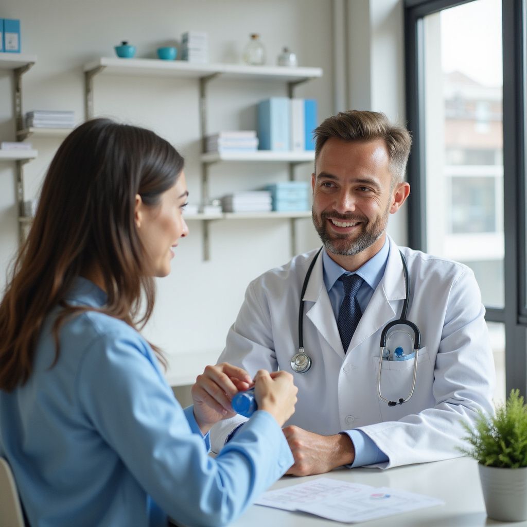 Doctor smiling, showing woman how to use an inhaler in a bright office.