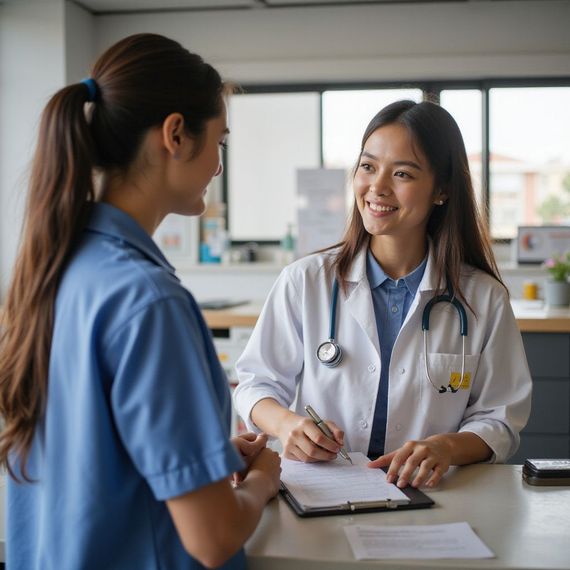 Doctor and nurse at a desk smiling, reviewing paperwork.