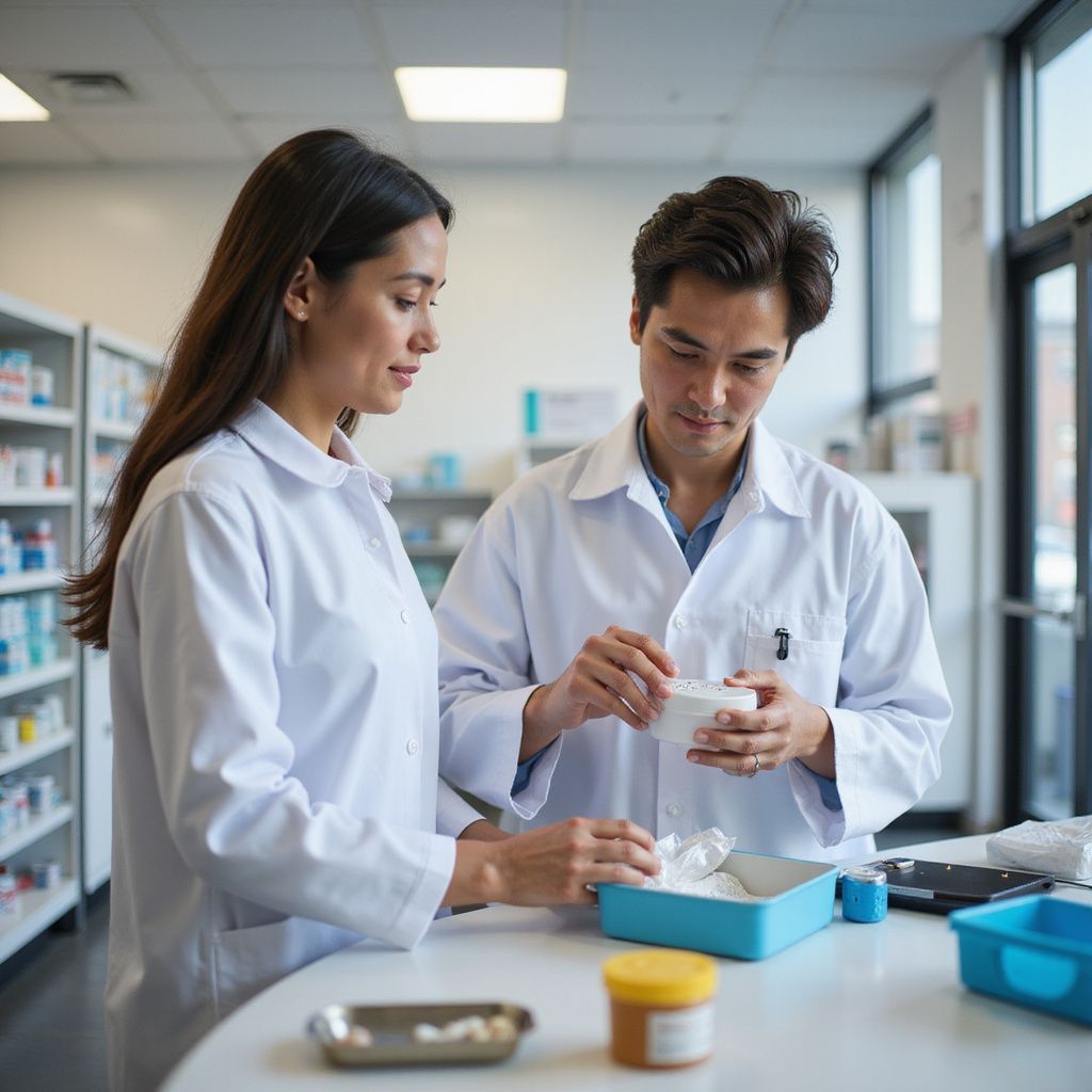 Two pharmacists in white coats preparing medication in a pharmacy.