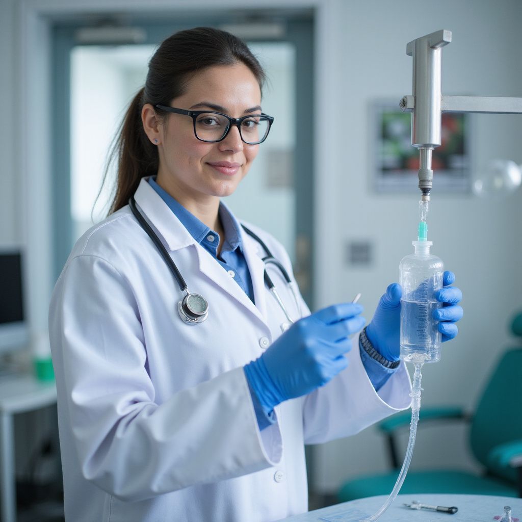 Doctor in lab coat and glasses with IV bag in a medical office, smiling.