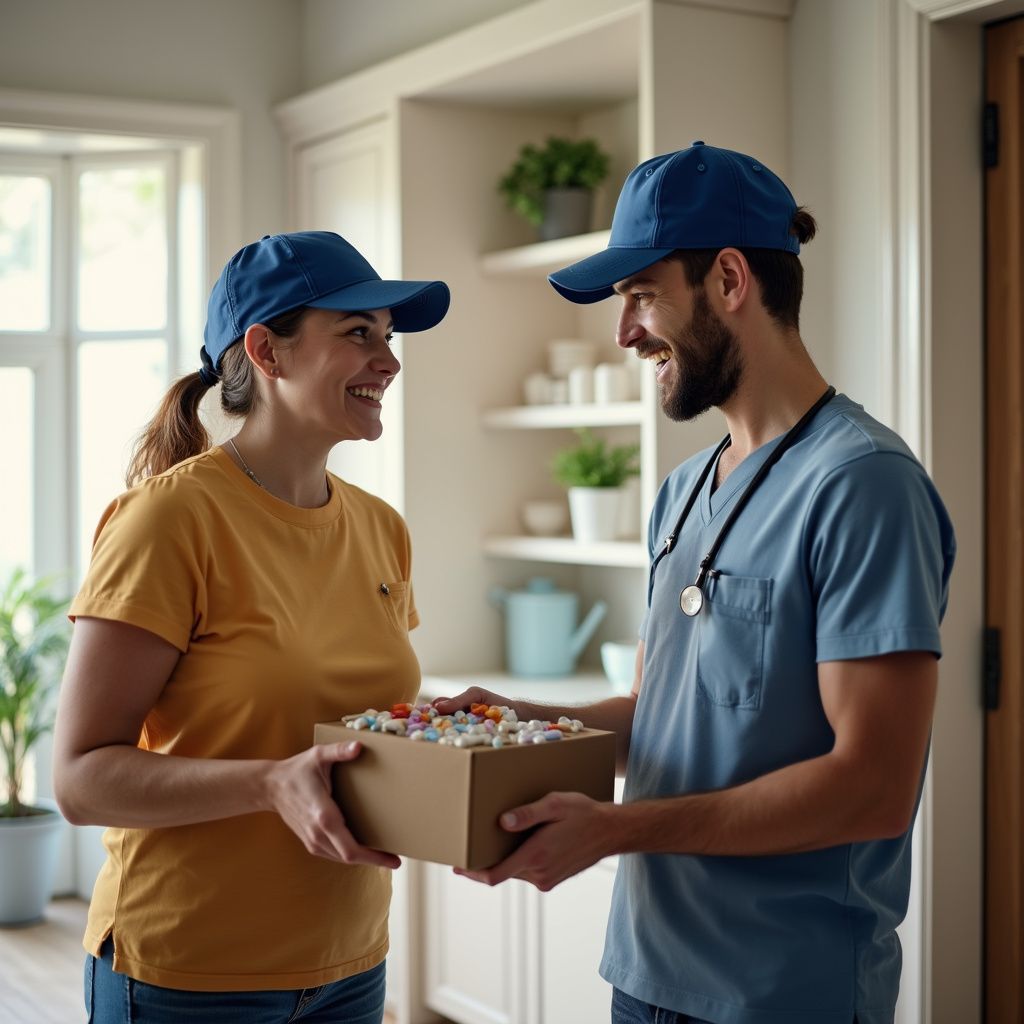 Person in yellow shirt receives a box from a person in blue uniform and hat; both smile.