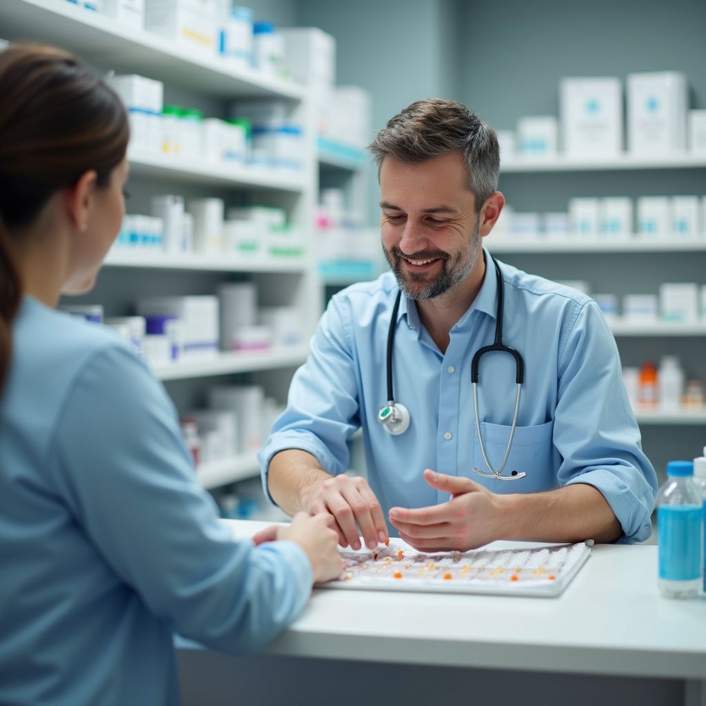 Pharmacist smiles, advising a customer at the counter, with medication and shelves in the background.