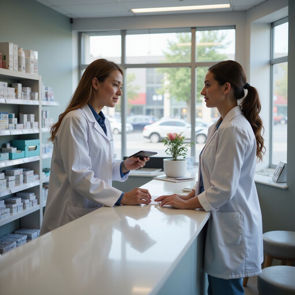 Two pharmacy workers in white coats converse behind a counter, pharmacy shelves in the background.