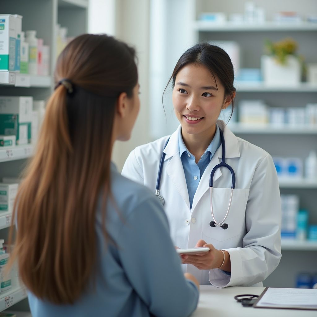 Pharmacist in white coat consults with a customer in a pharmacy, shelves with medications in background.