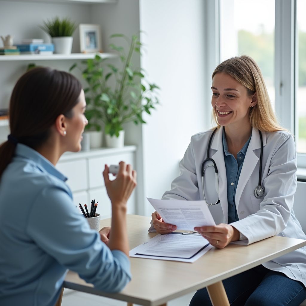 Woman consulting with a doctor in an office; doctor holds papers and smiles.