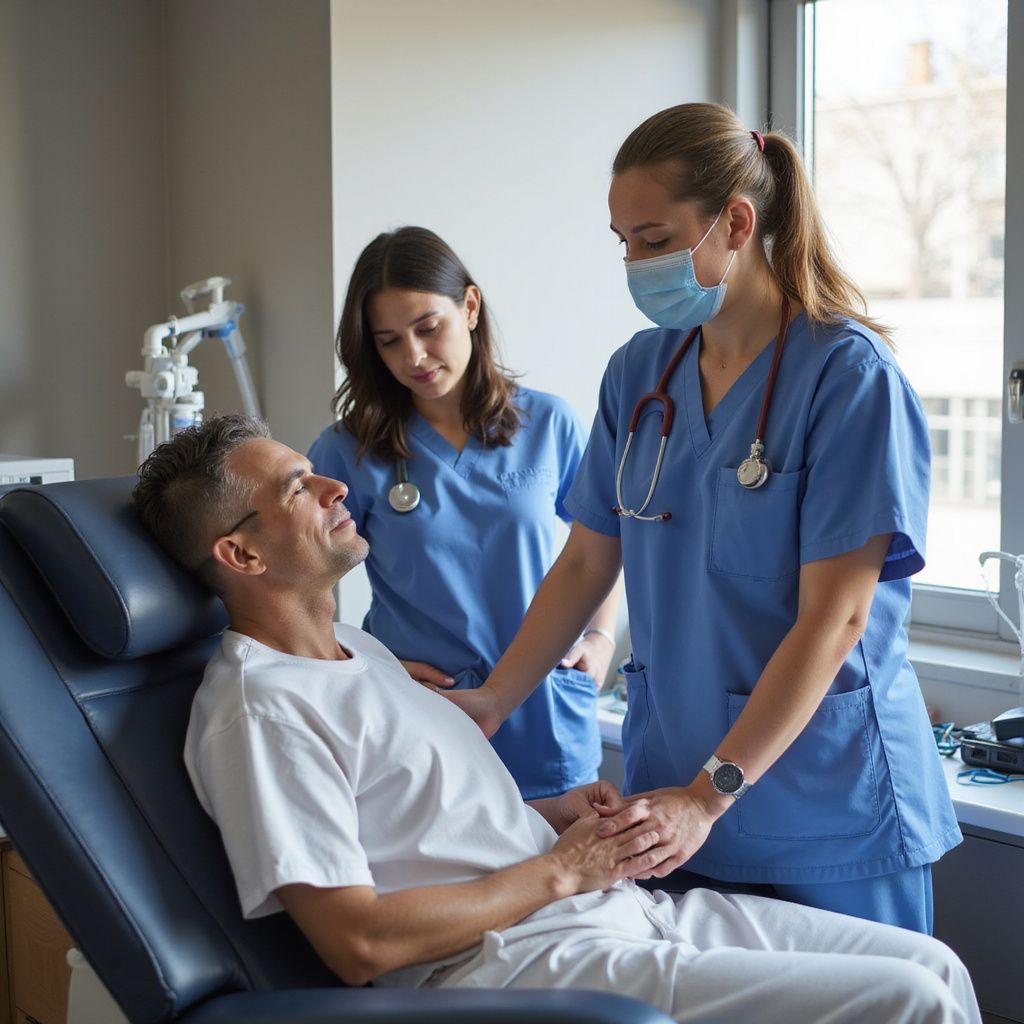 Man in examination chair with two nurses, one wearing a mask, in a medical setting.