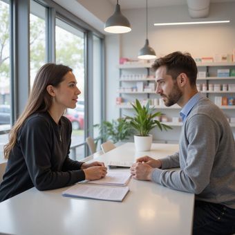 Woman and man sit at a table in a pharmacy. They are engaged in conversation, papers on the table.