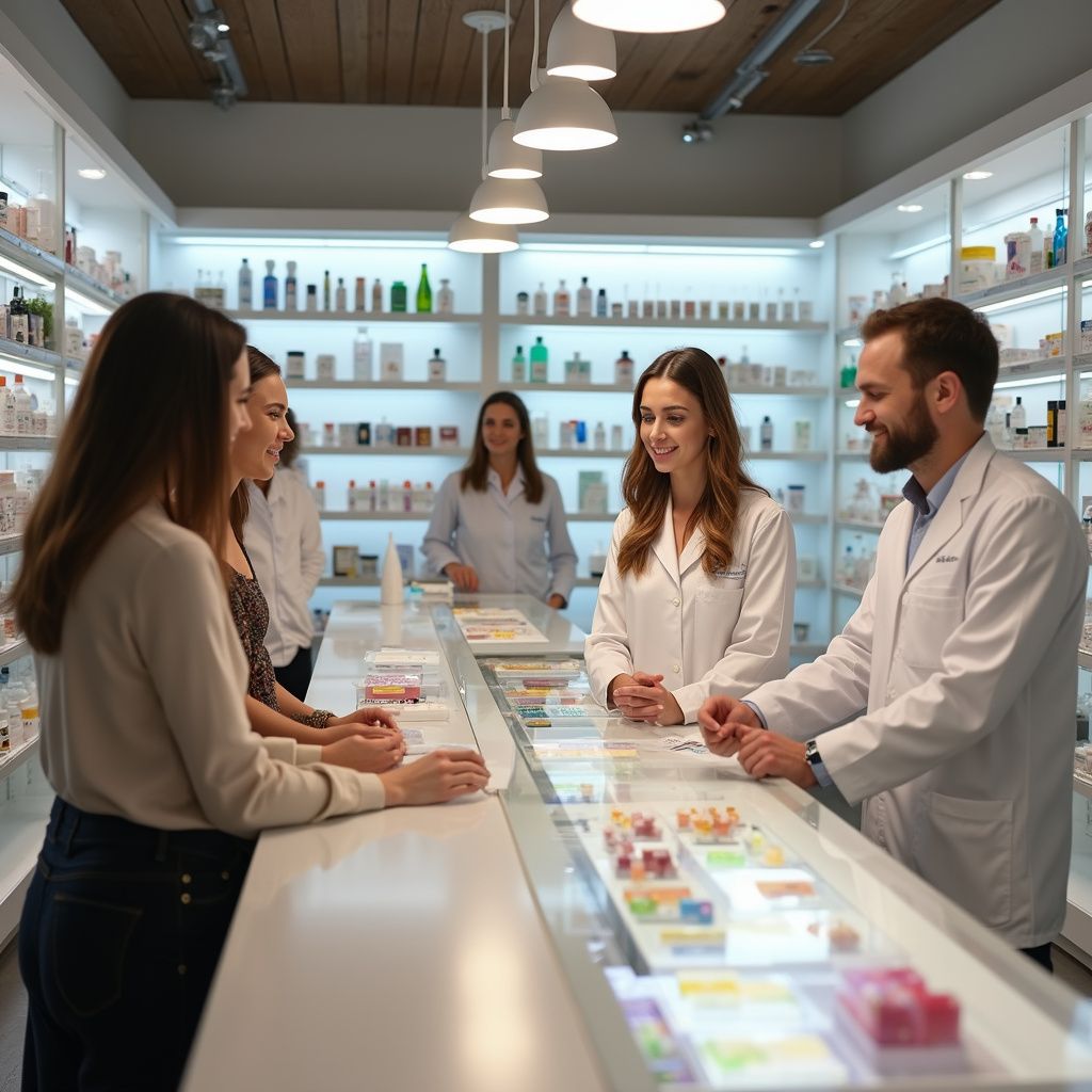 People in a pharmacy: two customers at the counter, interacting with two pharmacists in white coats. Shelves with products in the background.