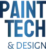 The logo for paint tech and design is blue and white.