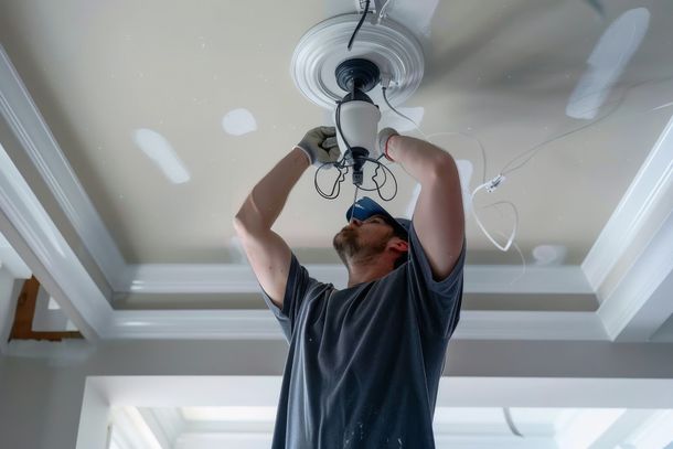 A man is hanging a light fixture from the ceiling.