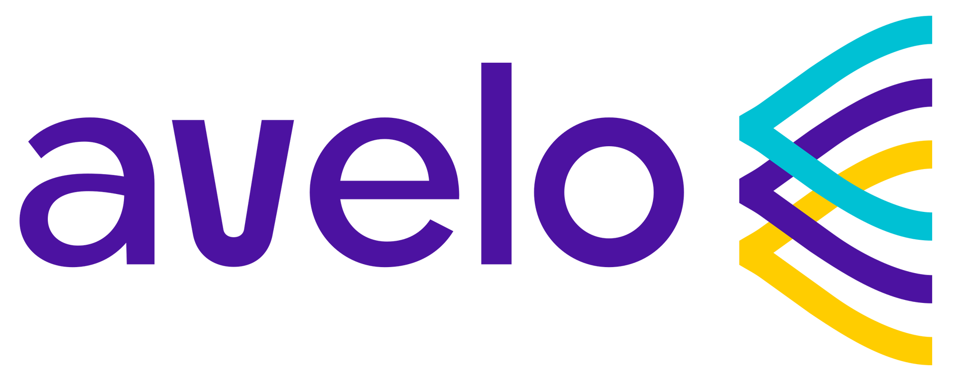 The logo for avelo is purple with a yellow and blue stripe.