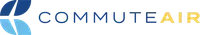 A blue and yellow logo for commute air