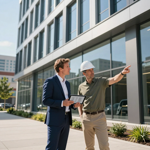 Two professionals in a suit and hard hat stand outside a modern glass building, looking and pointing at the structure.