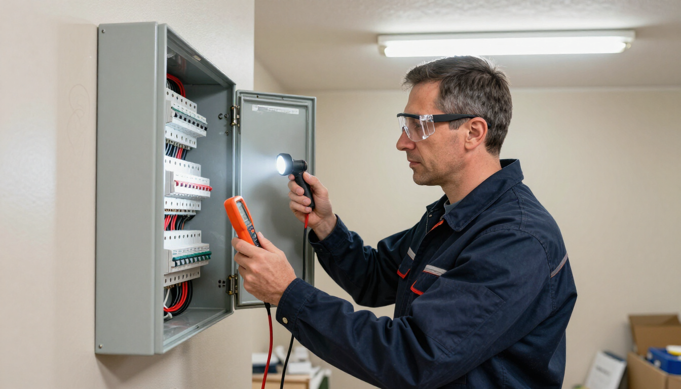 Home inspector checking electrical panel