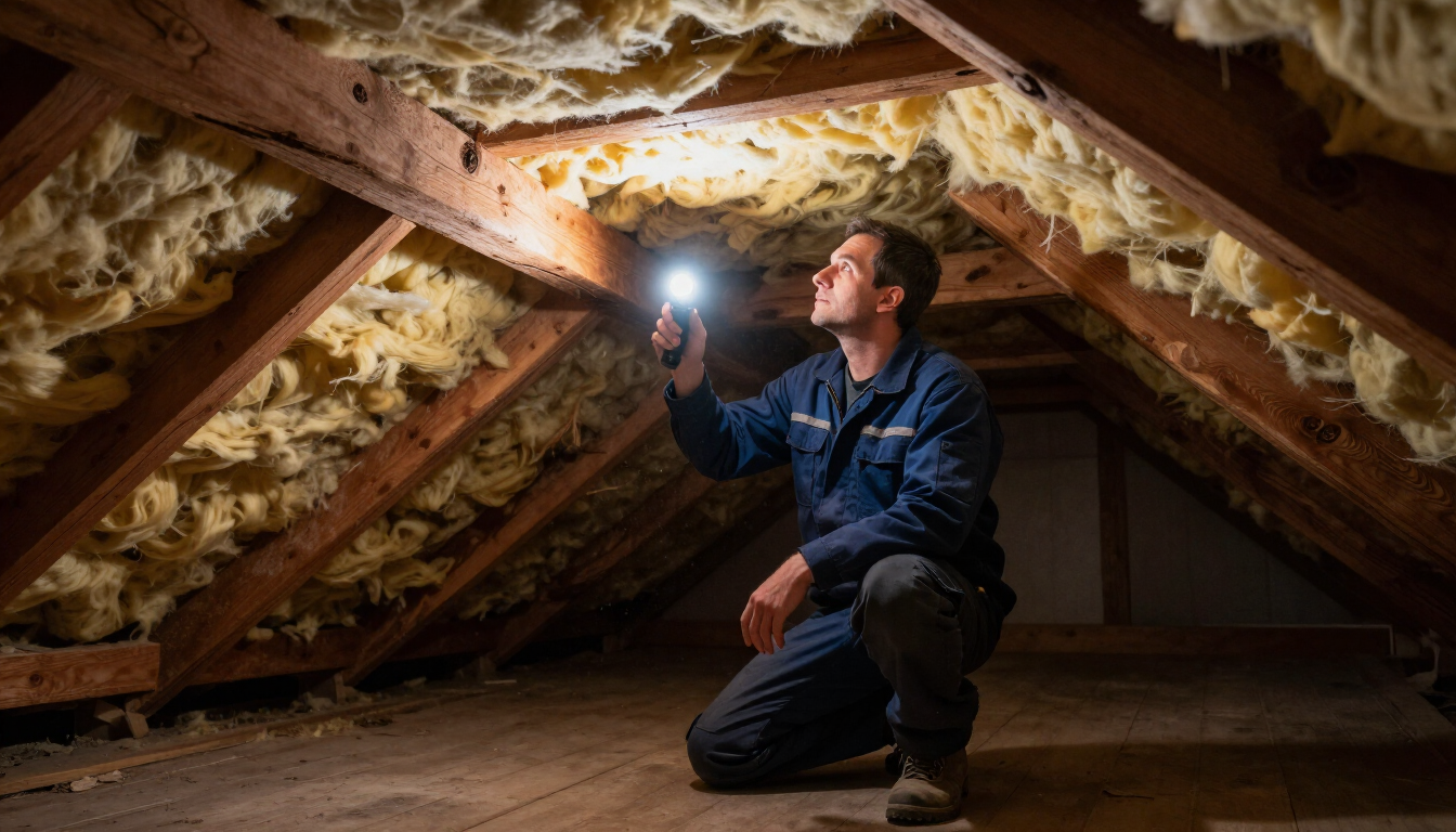 photorealistic home inspector with flashlight checking attic insulation and wooden beams high detail