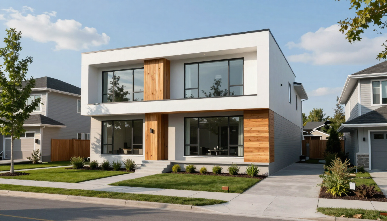 photorealistic modern detached house in a canadian suburb clean architecture bright daylight professional photography