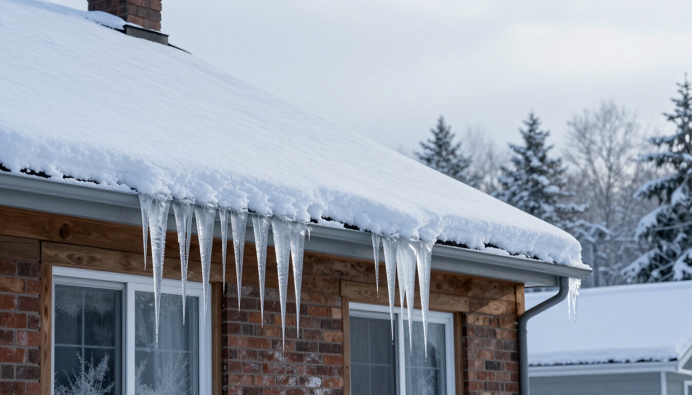Ice dams forming on a residential roof in New Brunswick during winter.