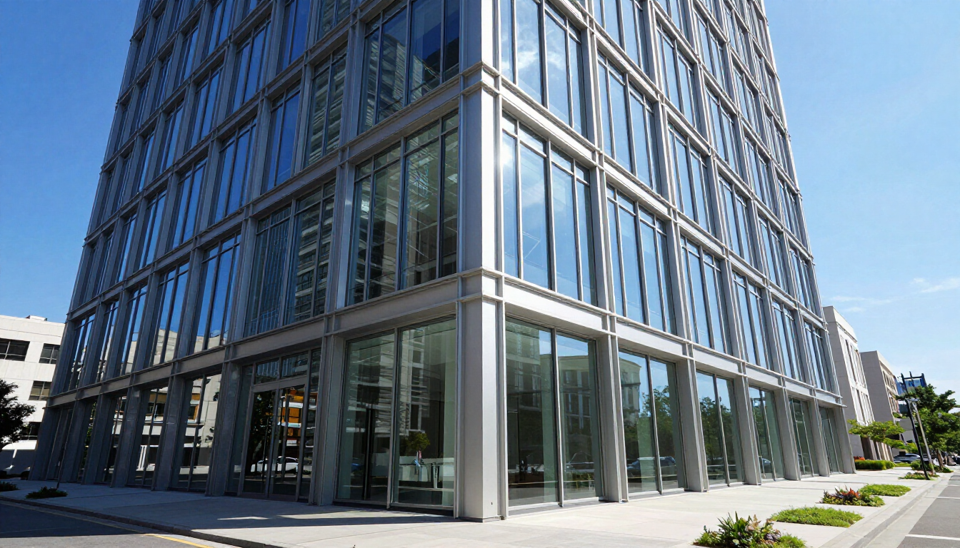 Modern commercial building exterior under a clear blue sky