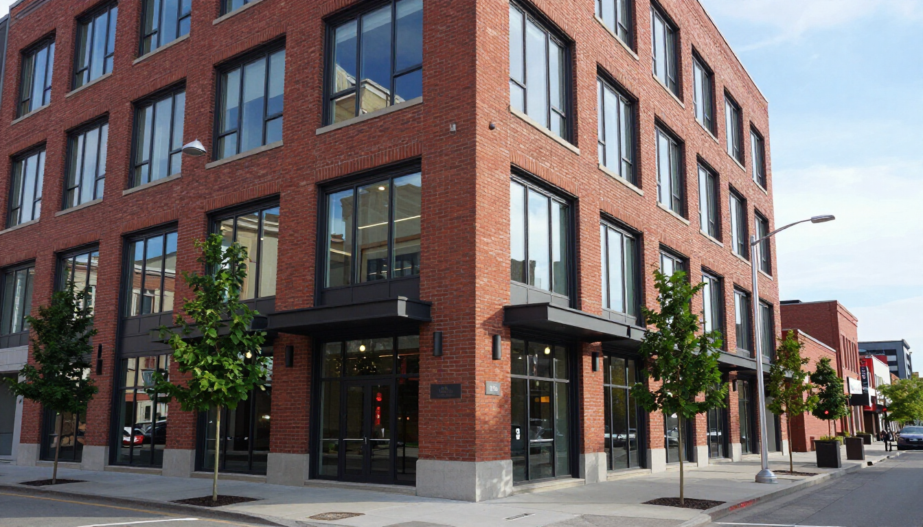 A multi-story brick commercial building with large rectangular windows and black metal awnings on a city street.