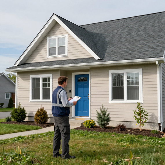 A person wearing a utility vest stands on a lawn, holding a clipboard and looking at a house with a bright blue door.