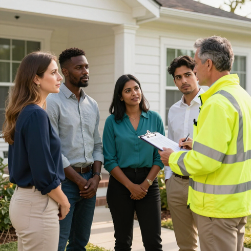 A professional in a high-visibility jacket holds a clipboard while speaking with a group outside a house.
