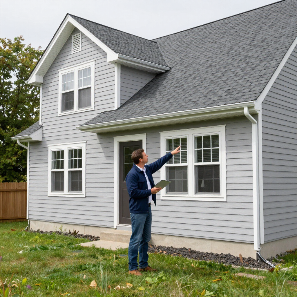 A person in a blue jacket stands outside a gray house, pointing toward the roof while holding a tablet.