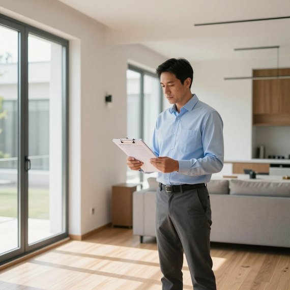 A person in a light blue shirt and dark trousers holds a clipboard while standing in a bright, modern living space.