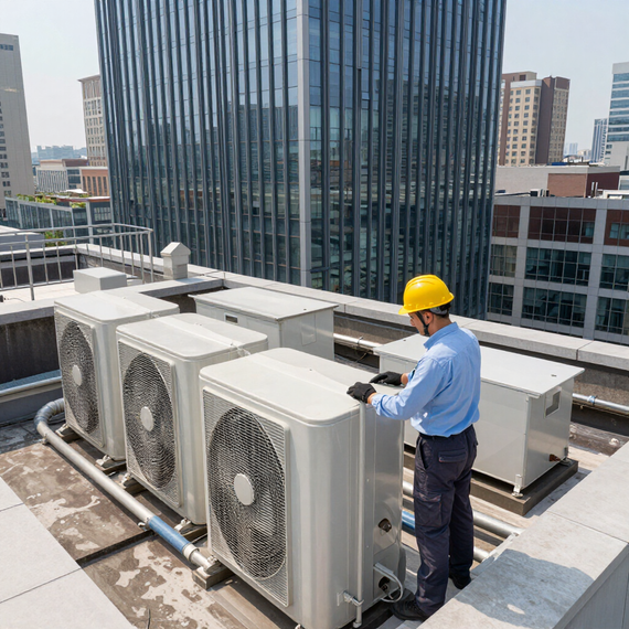 A worker in a hard hat and blue uniform inspects an air conditioning unit on a building rooftop.