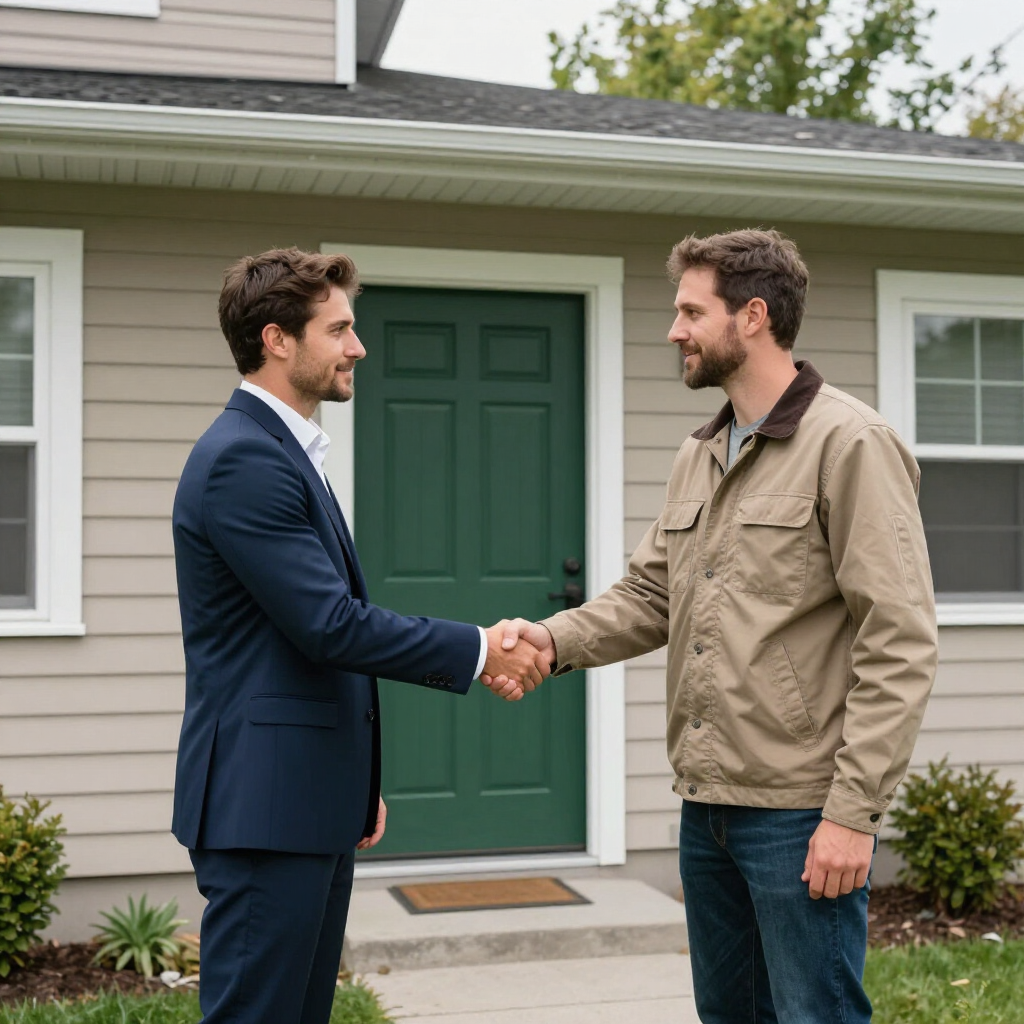 Two men shaking hands in front of a house with a green door.